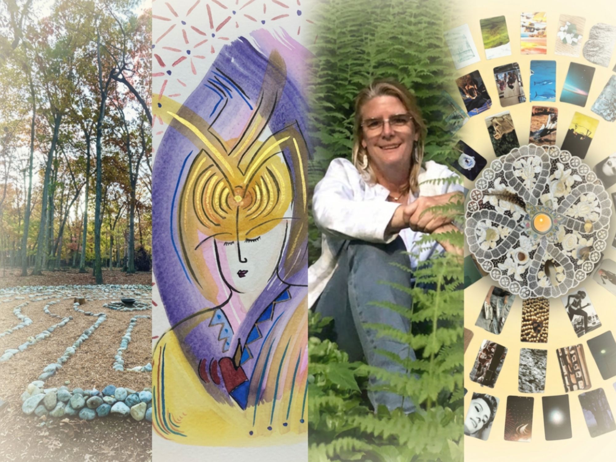 Labyrinth, channeled drawing, portrait of the artist, and a soul collage mandala