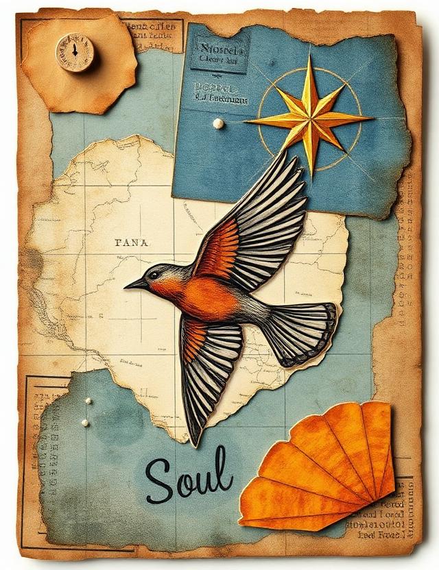 Soul collage card with bird and celestial mapping